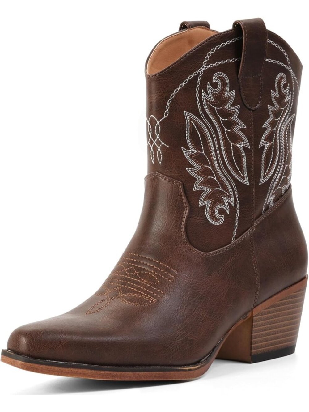 Women's Coffee Snip Toe Embroidered Mid Calf Faux Leather Ankle Booties